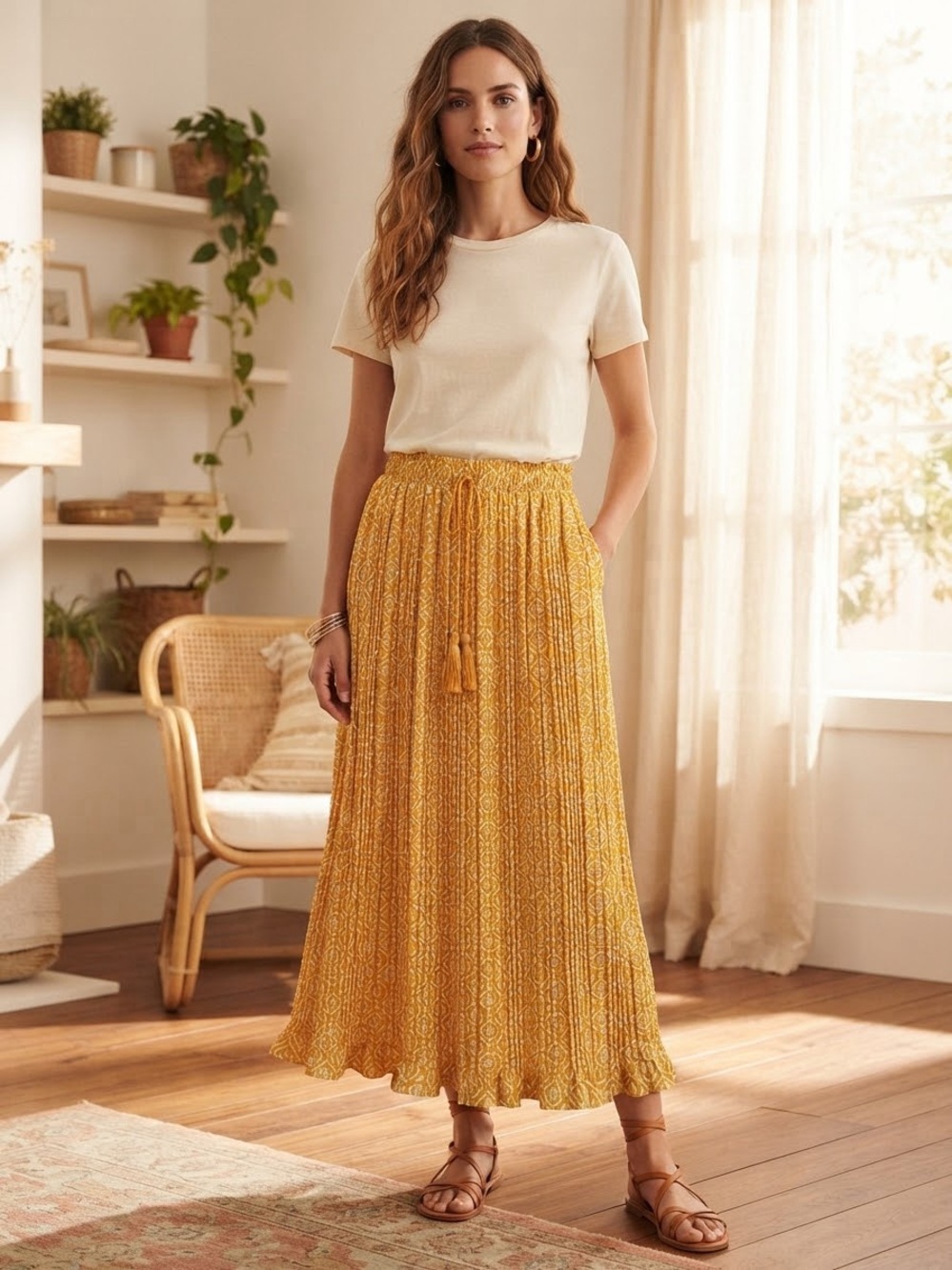 Alice Blue Golden Mustard Printed Pleated Midi Skirt